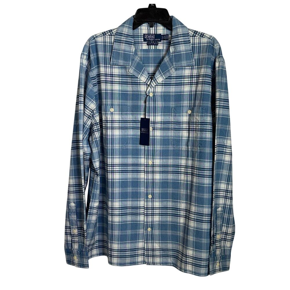 POLO Ralph Lauren Classic Fit Indigo Plaid Camp Shirt blue/white XL $168